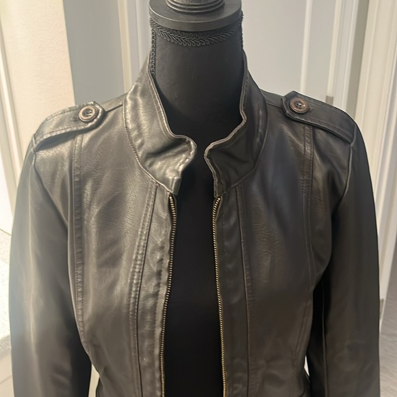 Frida G Leather Look Motorcycle coat with button detail - Picture 2 of 8